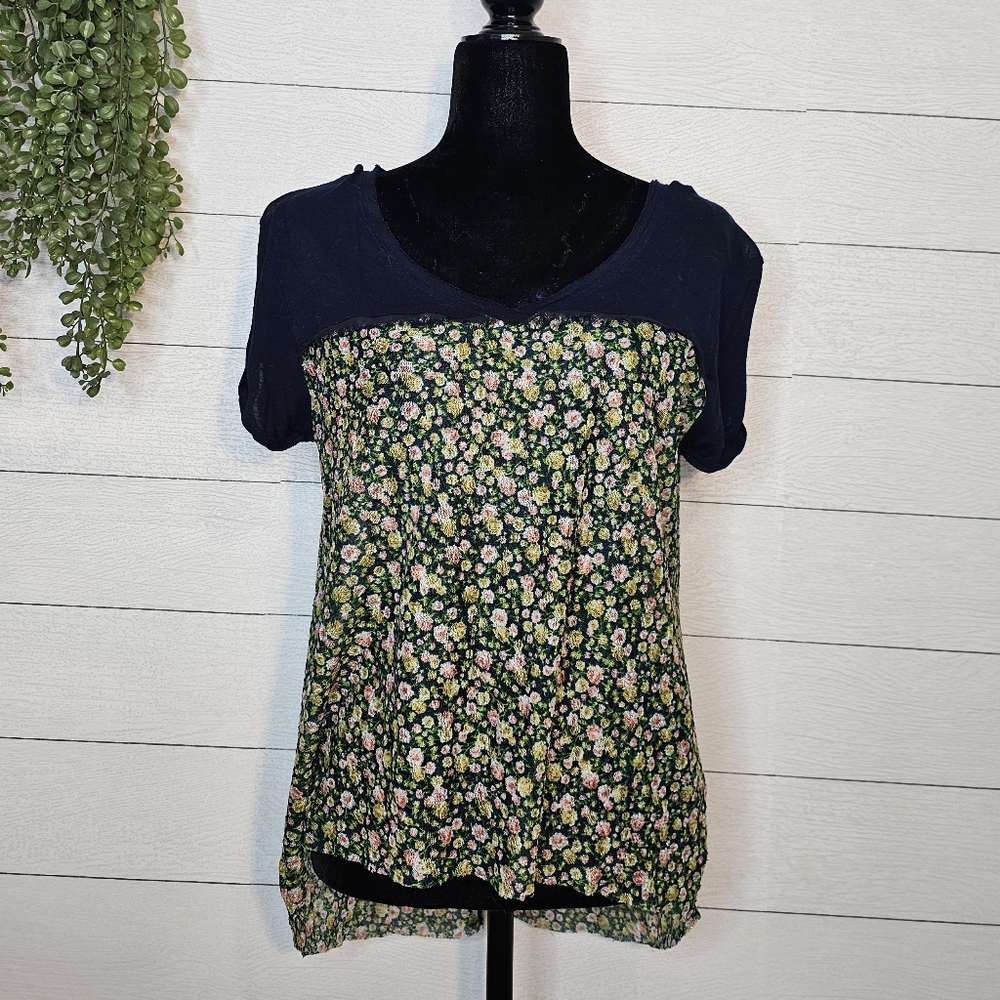 Free People Womens Floral Blouse V Neck Multicolored Size XS Button Down Back